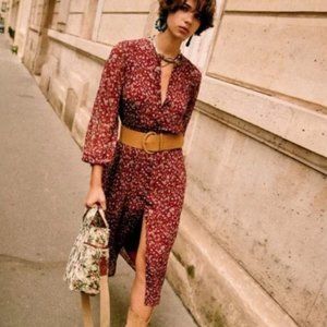 Sezane Alix Dress | Size 38 | Burgundy Flower Print |